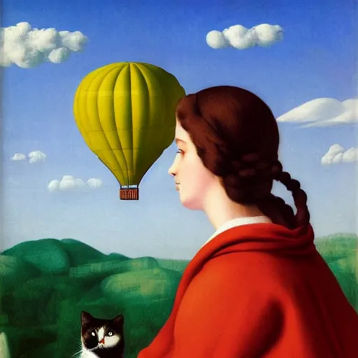 Image similar to a girl and her cat enjoying a hot-air-balloon ride by Raphael, Hopper, and Rene Magritte. detailed, romantic, enchanting, trending on artstation.