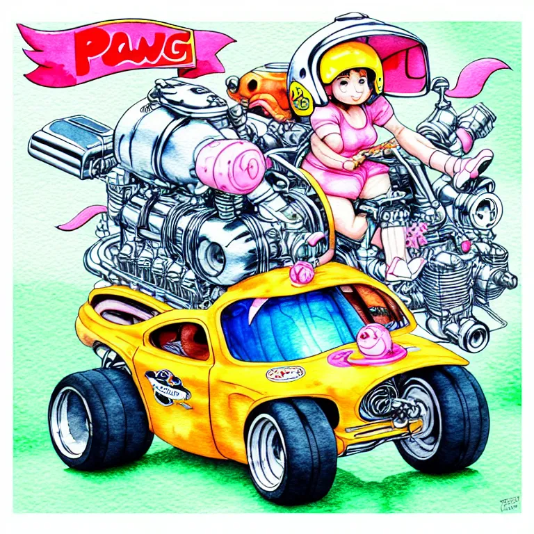 Image similar to cute and funny, pawg wearing a helmet riding in a tiny hot rod with an oversized engine, ratfink style by ed roth, centered award winning watercolor pen illustration, isometric illustration by chihiro iwasaki, edited by range murata, tiny details by artgerm and watercolor girl, symmetrically isometrically centered, sharply focused