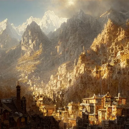 Image similar to artstation concept of a mountainous city in the rocky mountains, numerous vintage/rustic elements, bright colorful, gold, hyperdetailed, artstation trending, world renowned artists, worth1000.com, historic artworks society, antique renewel, cgsociety, by greg rutkowski, by Gustave Dore, Deviantart