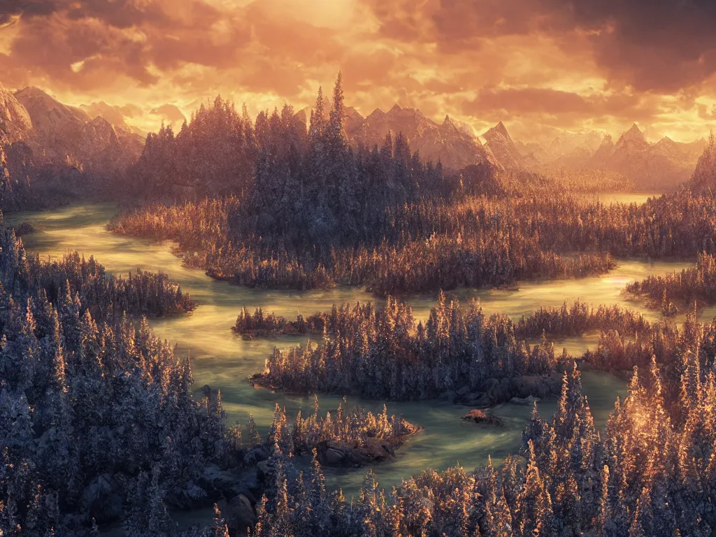 Prompt: epic crystalline taiga with a river, golden hour, distant mountains, atmospheric perspective, cinematic, 3 5 mm lens, photographic, octane render, cinematography by roger deakins, in the style of ansel adams