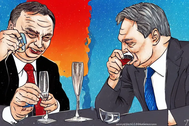 Image similar to viktor orban winking and drinking champagne with putin in front a burning city, line art