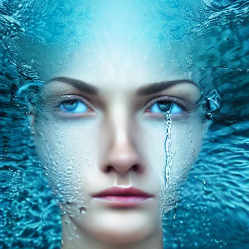 Image similar to water artwork manipulation in the shape of a beautiful female head, on the ocean water, ray tracing, realistic water sharp focus, long shot, 8 k resolution, cinematic, surreal water art