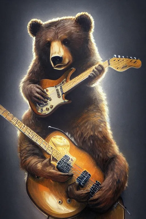 Prompt: realistic bear playing broken lines electric guitar, realistic portrait, symmetrical, highly detailed, digital painting, artstation, concept art, smooth, sharp focus, illustration, cinematic lighting, art by artgerm and greg rutkowski and alphonse mucha