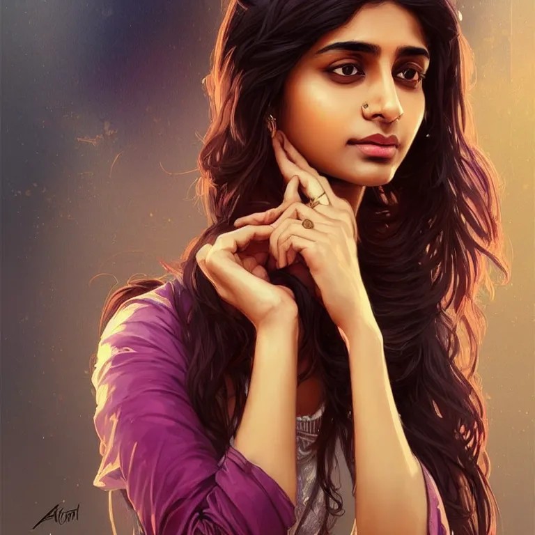 Image similar to Anxious pretty young Indian doctor in modern clothes waiting at the airport, portrait, sci-fi face, elegant, highly detailed, digital painting, artstation, concept art, smooth, sharp focus, illustration, art by artgerm and greg rutkowski and alphonse mucha