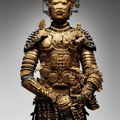 Image similar to an intricate photography portrait of a enigmatic terracota warrior soldier made of obsidian carving metal in a golden desert, extremely detailed, ornate, biomechanical, by wlop by jungyeonmin, james jean jhonseru jsezz, greg rutkowski, lens orbs, global illumination, japandi, hyperreal, micro details