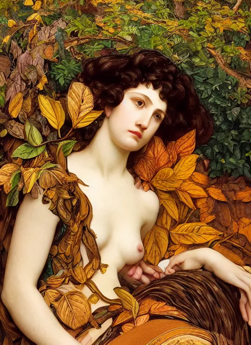 Image similar to masterpiece beautiful seductive flowing curves preraphaelite face portrait amongst leaves, extreme close up shot, straight bangs, thick set features, yellow ochre ornate medieval dress, laying amongst foliage mushroom forest circle arch, frederic leighton and kilian eng and rosetti, 4 k