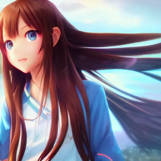 Image similar to beautiful young yuuki asuna, full body, long wavy hair, sky blue eyes, character portrait in the style of thomas river and yusuke murata, cinematic lighting, hyperdetailed, 8 k realistic, symmetrical, global illumination, radiant light, cryengine, dof, trending on artstation, digital art