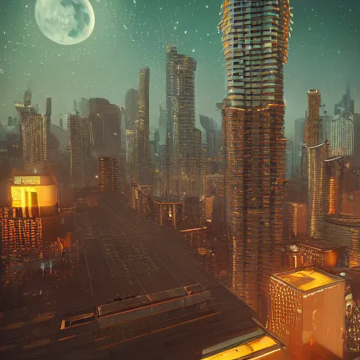 Prompt: fantasy modern city with many high rise under a moonlit, starry sky, lunarpunk, concept art, trending on art station, orange and teal color, cgsociety, octane render