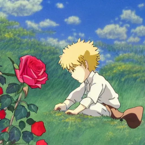 Image similar to the little prince kisses the rose, painted by studio ghibli