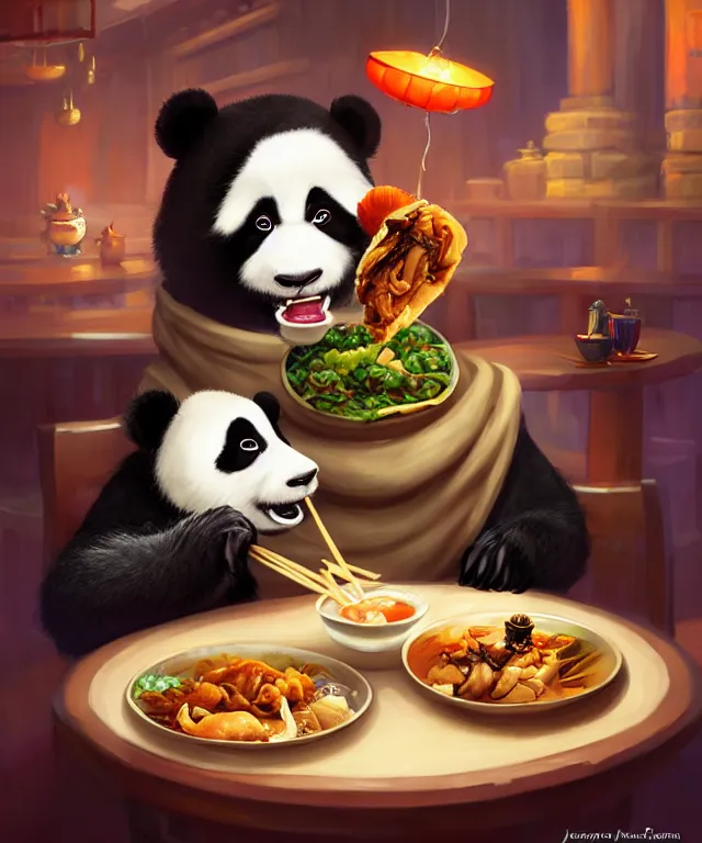 Prompt: a portrait an anthropomorphic panda mage eating chinese food, wearing mage robes, restaurant in background, cute and adorable, dnd character art portrait, well rendered matte fantasy painting, pixar style, by jason felix by steve argyle by tyler jacobson by peter mohrbacher, cinematic lighting