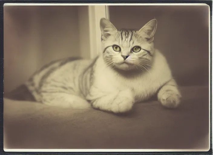 Image similar to photography polaroid of a Jack Cat . watching outside the window. on a bed. in a 70's room full of vinyls and posters, photorealistic, award winning photo, 100mm, sharp, high res