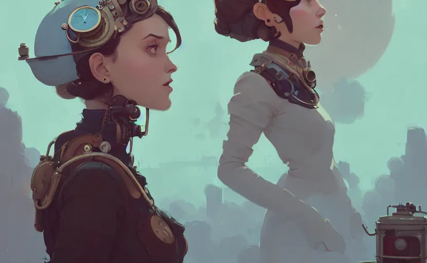 Prompt: portrait of female steampunk princess by atey ghailan, by greg rutkowski, by simon stalenhag, by greg tocchini, by james gilleard, by joe fenton, by kaethe butcher dynamic lighting, gradient light blue, brown, blonde cream and white color scheme, grunge aesthetic