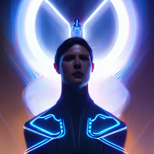 Prompt: tron legacy angel, diffuse lighting, hyper realistic, concept art, intricate, hyper detailed, smooth, sharp focus, illustration, trending on artstation, art by greg rutkowski and james gurney and alphonse mucha