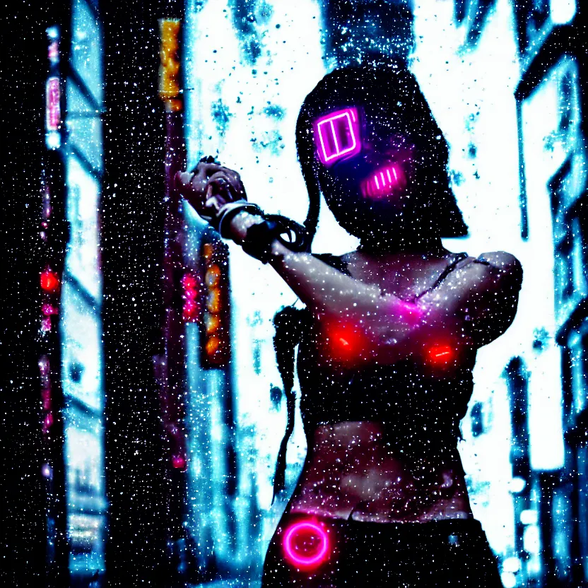 Prompt: a photo close up cyberpunk kubuki masked woman dancing in the rain, cyberpunk hiroshima, prefecture streets, midnight, photorealistic, cinematic lighting, highly detailed, bokeh, style by tomino - sama