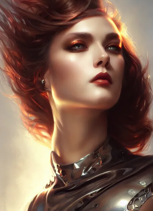 Prompt: a beautiful woman with a chrome spine, painted by artgerm and tom bagshaw, fantasy art, dramatic lighting, highly detailed oil painting