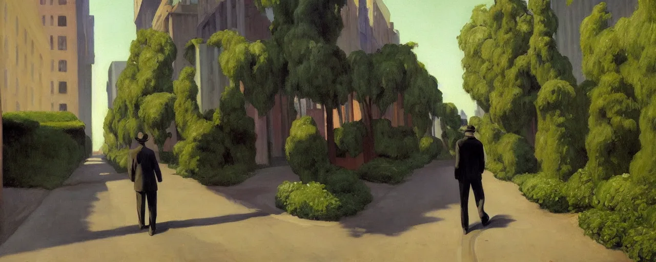 Prompt: oil painting of a man wandering the abandoned streets of city and the buildings are covered in plants and vines, edward hopper.