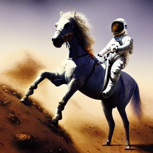 Image similar to a horse on top a man, a horse carried by a astronaut, hyperrealism, no blur, 4 k resolution, ultra detailed, style of ron cobb, adolf hiremy - hirschl, syd mead, ismail inceoglu, rene margitte