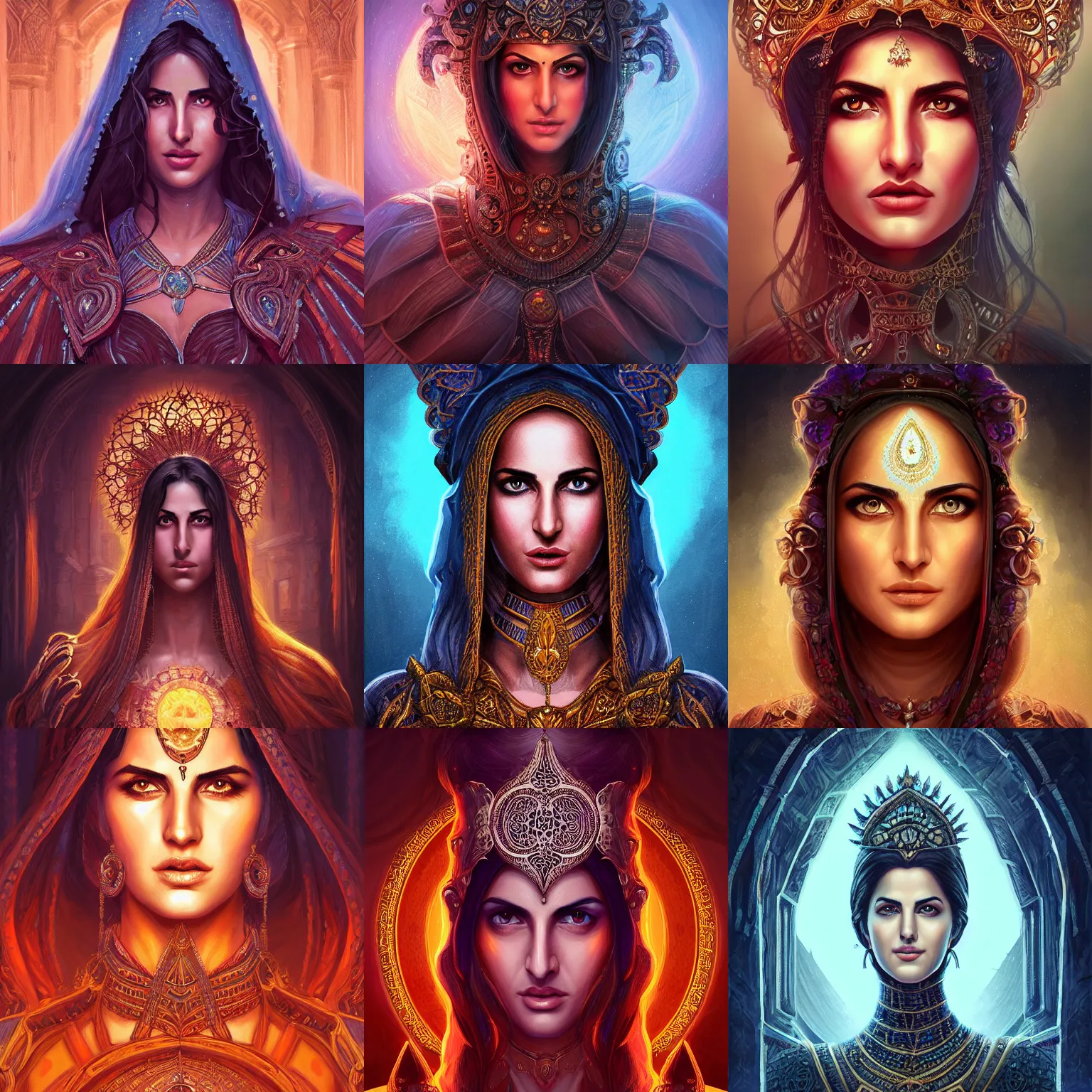 Prompt: head-on centered symmetrical painted portrait, Katrina Kaif as a Gloomhaven Mage, intricate fantasy robes, dramatic lighting, intricate, fantasy, intricate, elegant, highly detailed, digital painting, smooth, sharp focus, illustration, dramatic lighting, artstation, in the style of Artgerm and Anna Podedworna