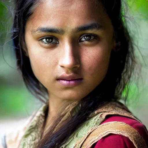 Image similar to a portrait of a stunningly beautiful nepali female, dark eyes, dark hair, olive skin, depth of field, zeiss lens, detailed, symmetrical, centered, fashion photoshoot, by Annie Leibovitz and Steve McCurry, David Lazar, Jimmy Nelsson, Breathtaking, 8k resolution, extremely detailed, beautiful, establishing shot, artistic, hyperrealistic, beautiful face, octane render