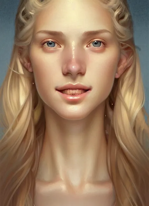 Image similar to symmetrical feminine face, portrait of young woman blessed by god with ever - increasing physical and mental perfection, blonde hair, perfect face!! intricate, elegant, highly detailed, vision of holy perfection!! smile, digital painting, artstation, concept art, smooth, sharp focus, illustration, art by artgerm and greg rutkowski and alphonse mucha