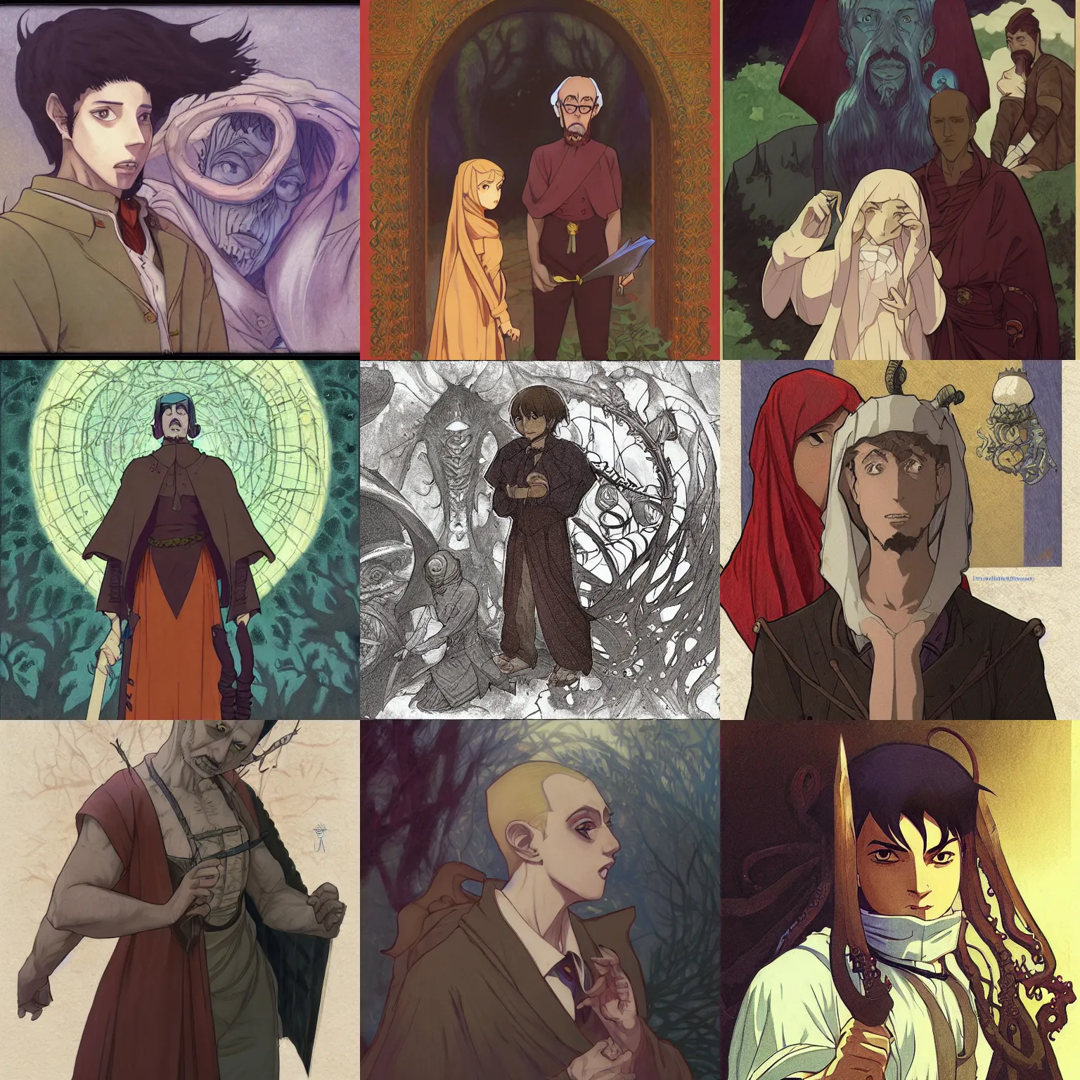 Prompt: abdul alhazred being stalked by horrors, lovecraft, colored pencil, studio ghibli, tankobon, in the style of ilya kuvshinov and krenz cushart and william - adolphe bouguereau and alphonse mucha