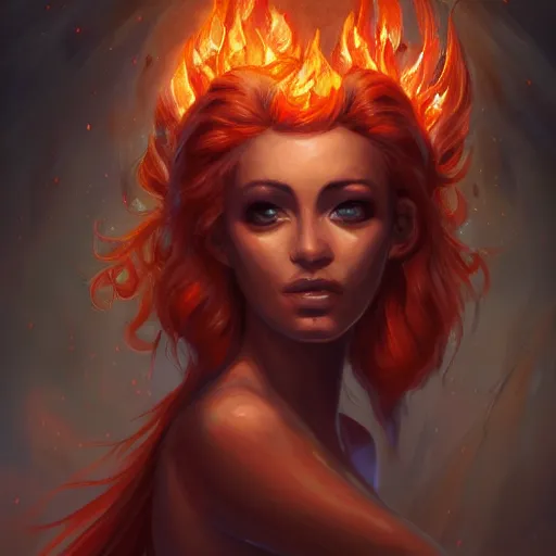 Image similar to A beautiful painting of a flame goddess by Andrews Esao, fantasy, Trending on artstation.