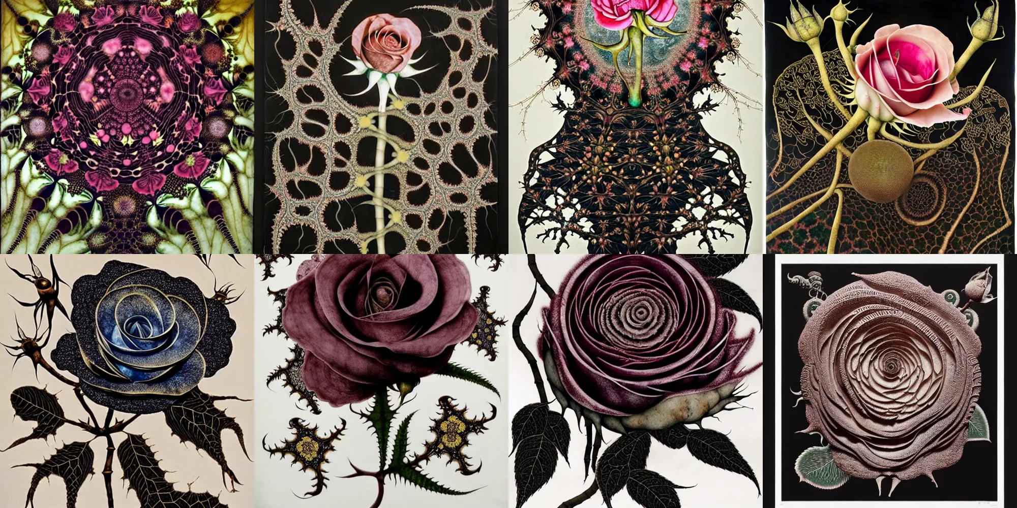 Prompt: ancient fractal rose, by kiki smith, by maria sibylla merian, by wangechi mutu, chinese painting, concept art, third - person, 3 - dimensional, 1 6 k, moss, bamboo, black silk papet, insanely detailed and intricate, hypermaximalist, elegant, ornate, hyper realistic, super detailed
