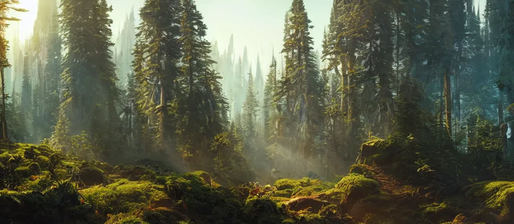 Image similar to one astronaut on forest planet, beautiful dynamic lighting, cinematic, wide angle establishing shot, extremely high detail, photo realistic, cinematic lighting, post processed, concept art, artstation, matte painting, style by frederic church, raphael lacoste, unreal engine 8 k, roger deakins