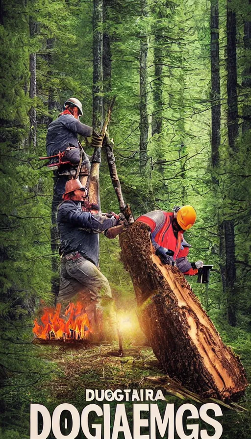 Image similar to movie poster of loggers cutting douglas firs, highly detailed., hyper realistic, large text, bright colours