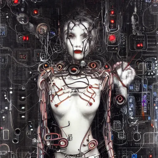 Prompt: depraved cybernetic vampire trapped in circuitry, intricate detail, miro, royo, whealan,