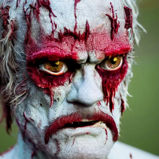 Prompt: an extremely detailed crispy clean 8 k photo close up ultra detailed of zardoz as a zombie he has all white glossy red eyes and he's very tired