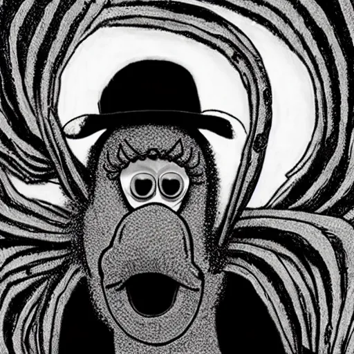 Image similar to big bird from sesame street, style of junji ito!!!!, black and white, undead