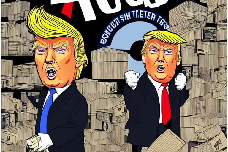 Image similar to 2 d poster illlustration donald trump and donald trump wearing trenchcoats and black spy hats, stacks of boxes everywhere and a safe broken open for the movie spy vs spy