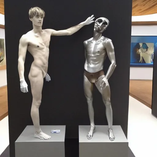 Image similar to “a realistic detailed photo of a guy who is an attractive humanoid who is half robot and half humanoid, who is a male android, British diver Jack Laugher & Chris Mears, shiny skin, posing like a statue, blank stare, at the museum, on display”