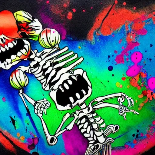 Prompt: Rainbow Skeleton doing floss dance, ink splattered, horror illustration