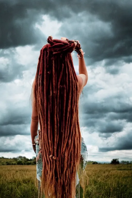 Image similar to kodak ultramax 4 0 0 photograph of a girl with long pink dreads standing in a field, stormy clouds, wicked clouds, big clouds, back view, grain, faded effect, vintage aesthetic,