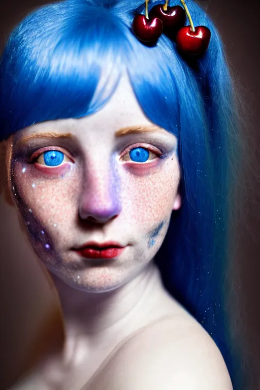 Image similar to close - up portrait of a blue - haired girl with glowing freckles and glowing cherry - colored eyes, fantasy art, victorian era, renaissance painting, realism, antique, epic, realistic, high quality, high resolution, lossless quality, lossless quality, 8 k, hdr, 4 k, 8 k resolution, 1 6 k resolution, 8 k quality