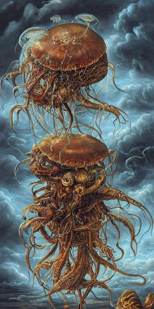 Image similar to an anatomical oil painting of a Harpy jellyfish from a medical journal by Nychos, Julie Bell, Peter Mohrbacher highly detailed, high detail, 8k, storm clouds, birds, dramatic lighting