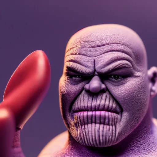 Image similar to a cinematic film still of a claymation stop motion film starring thanos, shallow depth of field, 8 0 mm, f 1. 8