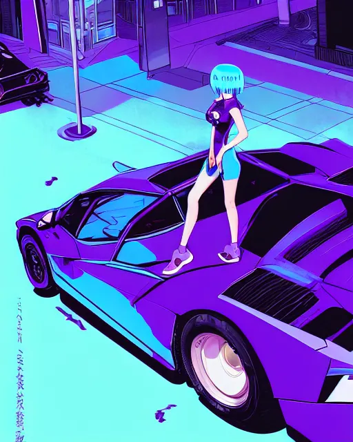 Image similar to digital illustration of cyberpunk pretty girl with blue hair, standing in front of a purple lamborghini, in city street at night, by makoto shinkai, ilya kuvshinov, lois van baarle, rossdraws, basquiat