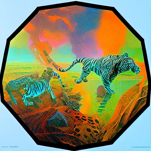 Image similar to geometric iridescent glowing rivulet hexagon tiger vinegar can scrapbook, by raphael and zdzisław beksinski and mikhail larionov, detailed painting, mixed media, dc comics