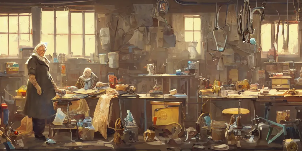 Image similar to an environmental concept art of an elderly russian woman cyberneticist in a cluttered mechanics workshop, surgical implements, surgery table, highly detailed, cinematic, dramatic, cyberpunk