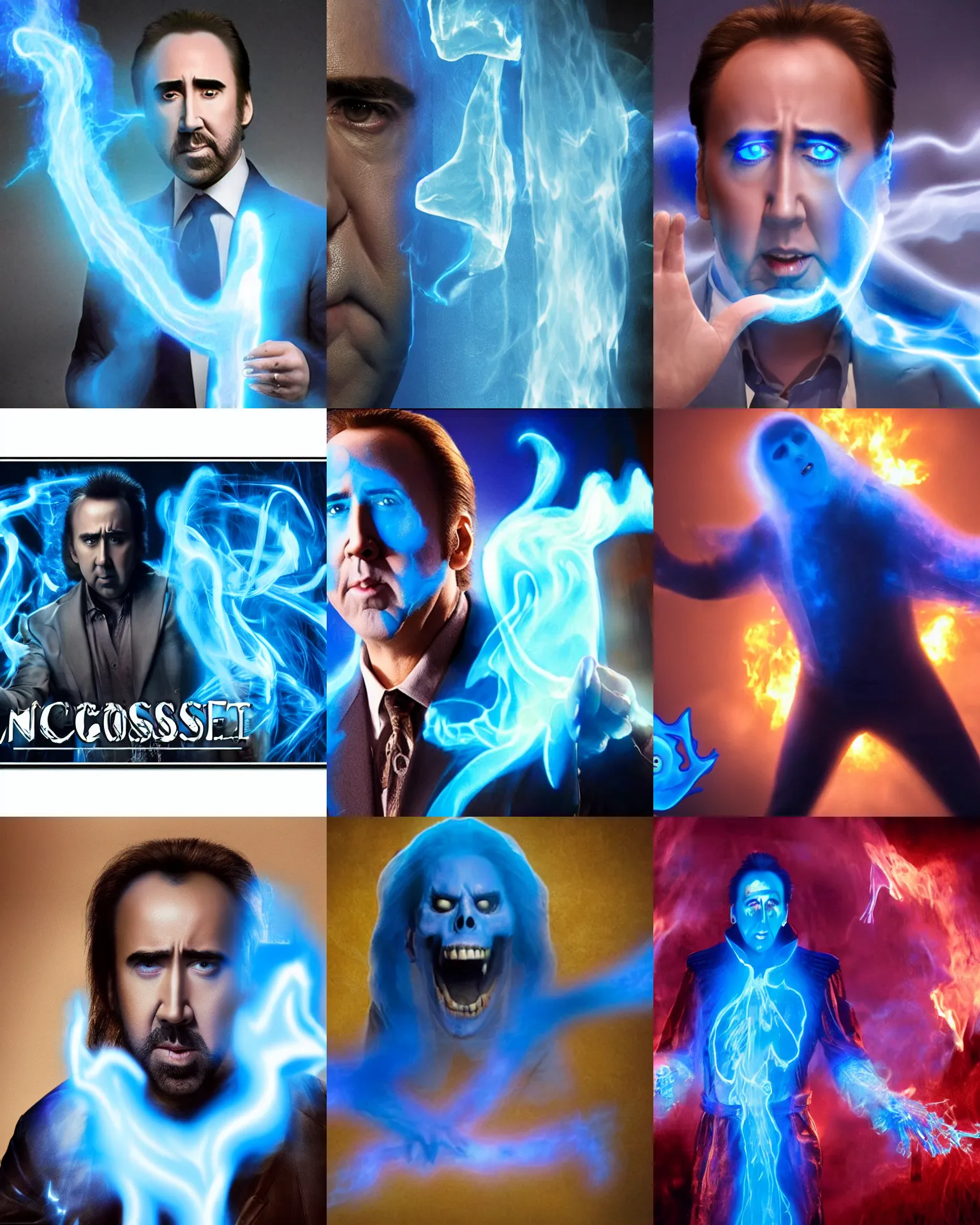 Prompt: nicolas cage as a blue ghost with a ghostly tail, glowing, 2 0 1 5 viral product advertisement hd, commercial banner, english text