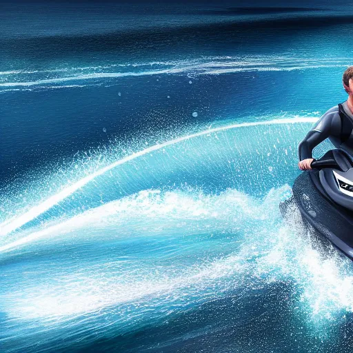 Image similar to Mark Zuckerberg riding a jetski out on the open ocean, water splashing behind him as he's speeding by, ripples in the water, hyperdetailed, artstation, cgsociety, 8k