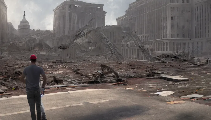 Prompt: father and his son looking at collapsed destroyed washington dc under reconstruction, scaffolding, cloudy day, volumetric light, hyperdetailed, artstation, cgsociety, 8 k