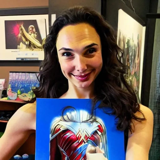 Image similar to Gal Gadot holding a sign that says M I T C H I E P O O !!!! as painted by Ralph Horsley