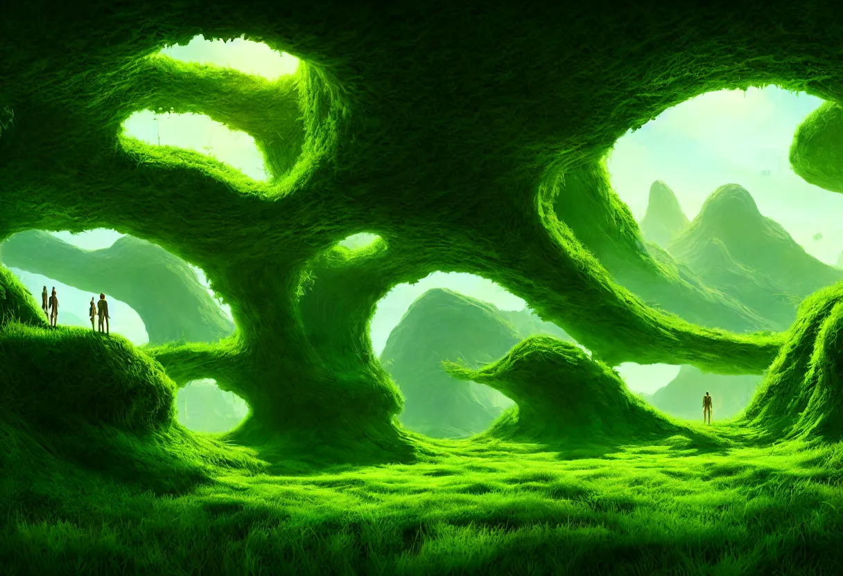 Prompt: inside of alien lush summer green landscape of human mind and imagination, matte painting, beautiful render, octane render, concept art