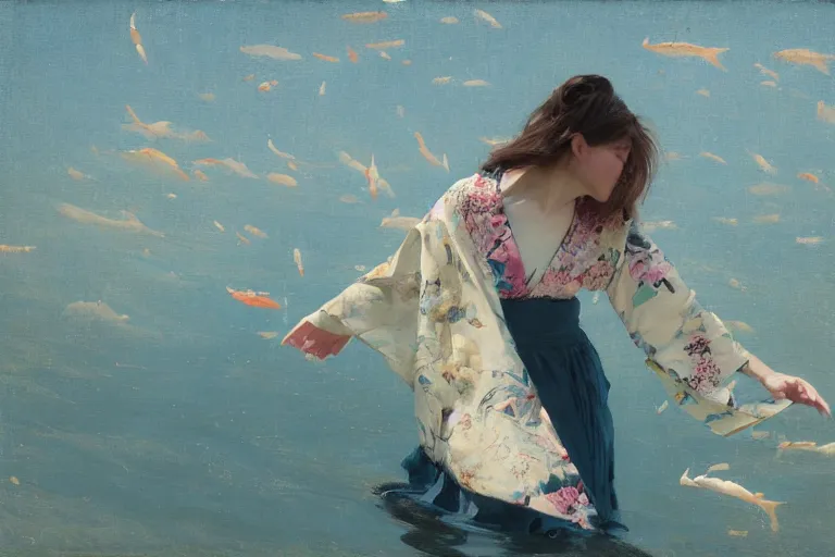 Prompt: wind, koi, kimono fabric blowing in the wind, sunlight, no person, jeremy lipking, joseph todorovitch