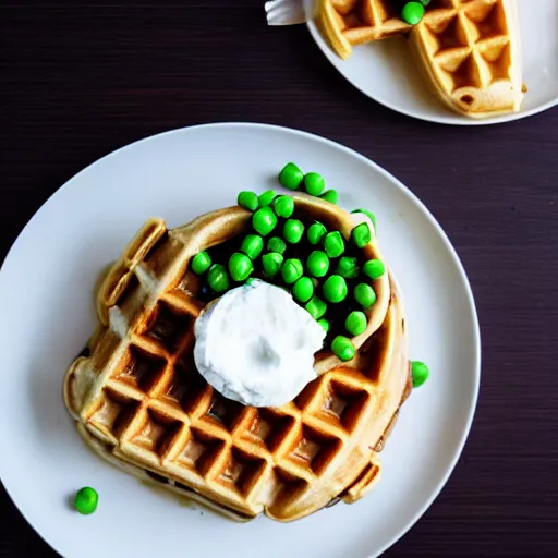 Prompt: A waffle with peas on it, photograph