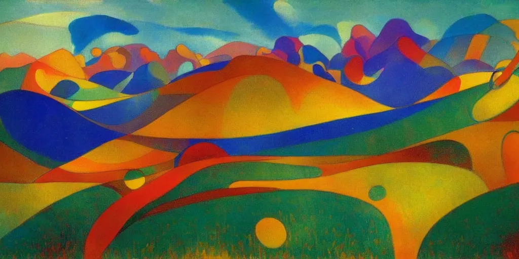 Image similar to A modernist landscape painting. Wild energy patterns rippling in all directions. Curves, zig-zags. Organic. Mountains. Clouds. Vegetation. Rushing water. Waves. LSD. Fauvism. Odilon Redon. Agnes Pelton. Peter Max.